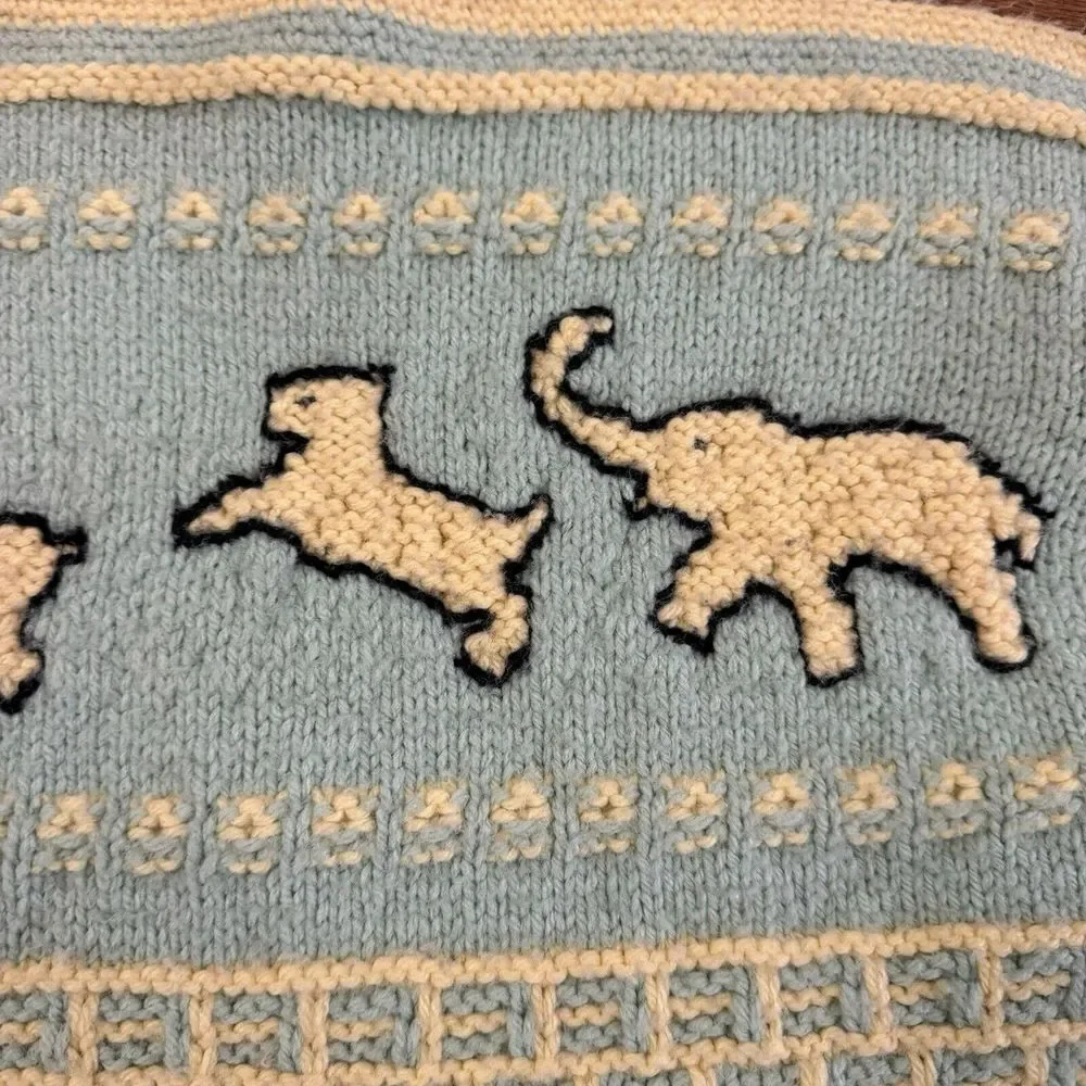 Vtg Crocheted Baby Afghan Blanket Blue Cream Bunny Elephant Animal Nursery Decor